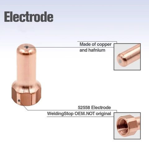 Fresh 20 Pcs Brass Plasma Cutter Consumables Kit With Nozzles And Electrodes Perfect For PT80 PTM80 And IPT80 Torch Sets Close-up of 52558 electrode made of copper.
