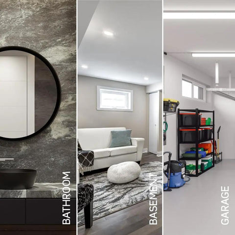 Bathroom, basement, and garage scenes showing versatility of Motion Sensor In Wall Switch With Auto On Or Manual On For Lighting 15A