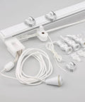 Heavy Duty Metal Sliding Door Rollers Kit 25 Pcs With Folding Track Wheels For Heavy Doors Perfect For Home And Office Installation Curtain Pulley Hardware For Smooth Quiet Operation displayed with track and accessories