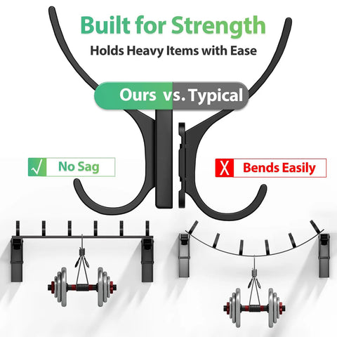 Comparison image showing the sturdiness of Coat Rack Wall Mount With Six Heavy Duty Hooks In Black against typical racks.