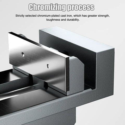 Heavy Duty Precision Cross Slide Drill Press Vise Built Tough As Nails With Smooth Swivel Handles For Benchtop Milling And Drilling, chrome-plated cast iron detail.
