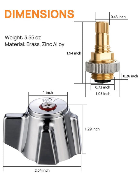 Image showing dimensions of Brass Faucet Stems Valves and Knob Handles Kit for Commercial Faucets Replacement Rustproof Chrome Knob.