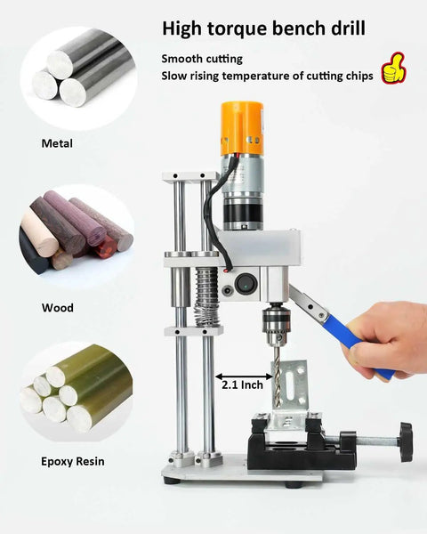 Compact Mini Drill Press Table Packing Beefy Torque And Smooth Variable Speed Controls Made Tough For Real World Woodworking Handyman Diy And Fine Jewelry Crafting with 2.1-inch drill chuck.