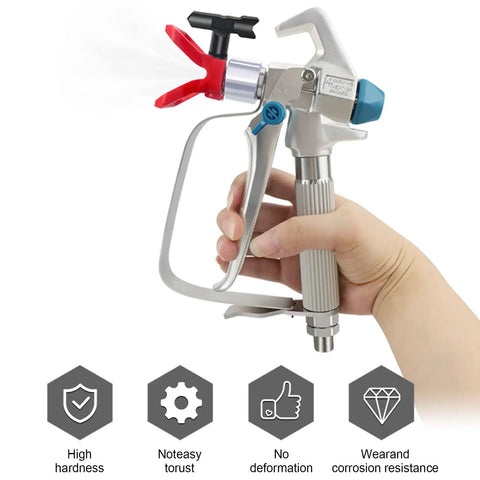 Hand holding spray gun featuring 5 Pack Reversible Airless Spray Tips Set For Paint Sprayers 211 313 415 517 623 Stainless Steel 304 Nozzles