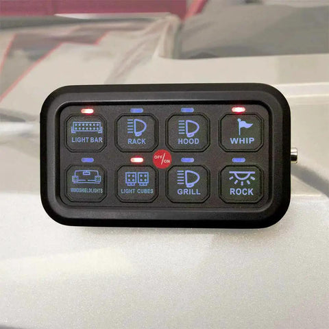 8 Gang Switch Panel System With IP68 Control Box Splash Proof Panel 60 Amp Resettable Breaker Six Extra Fuses Switched