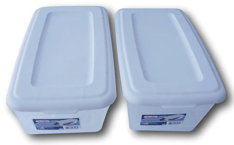 Clear And White 6 Quart Storage Bin Set Of 2 With Recessed Handles And Secure Fit Lids For Easy Stacking Shoes And Small Items Measuring About Fourteen By Eight By Four And Seven Eighths Inch Durable Plastic