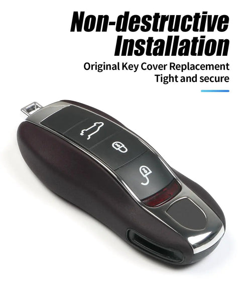 Marsala Red Leather Ride Ready Key Fob Cover For Porsche Macan Panamera 911 Cayenne 718 Cayman Boxster shown on key