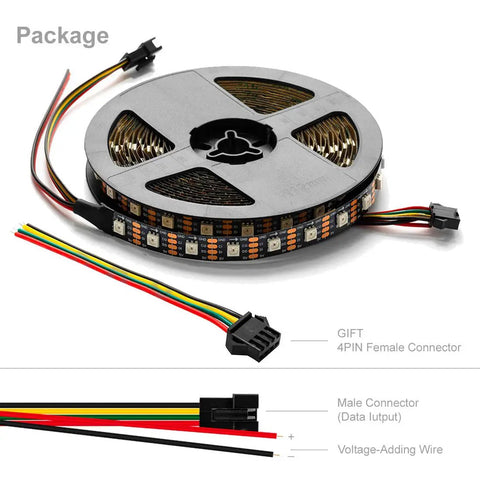 Individually Addressable SK9822 LED Strip APA102C Compatible Dope Performance 5m 16.5ft, connectors and wires shown