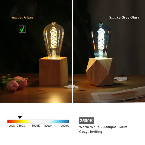 Amber and smoke grey glass G25 LED bulbs in dim lighting, showcasing filament style for bathroom vanity mirror lighting, 2500K warm white glow.
