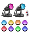 Indoor LED Spot Lights 5W RGBW Uplighting With Remote, showing 16 colors, black base, dimmable, 2 pack, with remote and color options