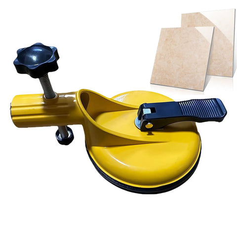 Floor Gap Fixer Tool With Suction Alignment, showing yellow clamp and suction cup next to tile, for laminate vinyl wood and tile flooring.