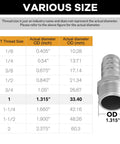 Stainless Steel Hose Barb Fitting 1 Inch Barb To 1 Inch Male NPT with size chart for water, fuel, and air applications.