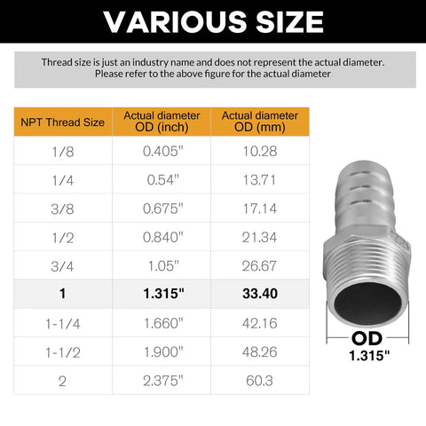 Stainless Steel Hose Barb Fitting 1 Inch Barb To 1 Inch Male NPT with size chart for water, fuel, and air applications.