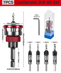 7 Piece Countersink Drill Bit Set With Four Flute HSS M2 Tapered Bits, Adjustable Depth Stop, wrench, and bits shown.