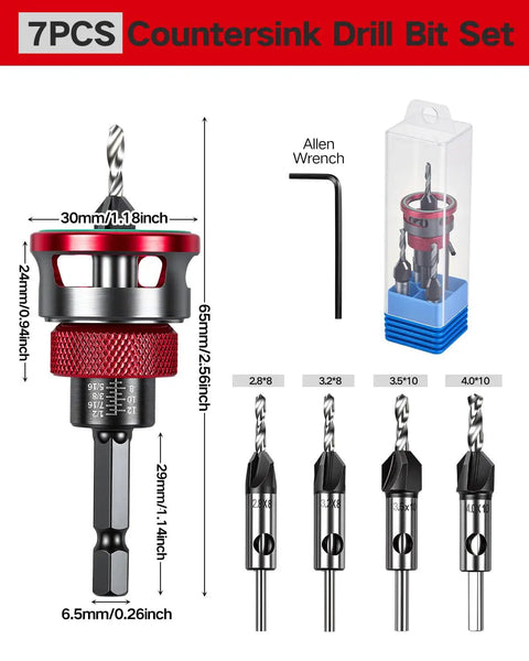 7 Piece Countersink Drill Bit Set With Four Flute HSS M2 Tapered Bits, Adjustable Depth Stop, wrench, and bits shown.