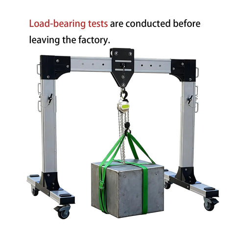 Rock Solid Portable Aluminum Gantry Crane Featuring Smooth Swivel Wheels And Quick Height Adjustments lifting a concrete block.