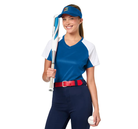 Person wearing blue and white sports apparel and royal blue sun visor, holding a baseball bat, standing against white background.