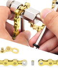 Using 8 Piece Bike Chain Breaker Replacement Pins And Thimbles Set for chain repair, close-up of tool and chain links.