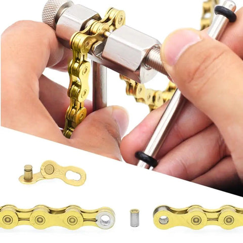 Using 8 Piece Bike Chain Breaker Replacement Pins And Thimbles Set for chain repair, close-up of tool and chain links.