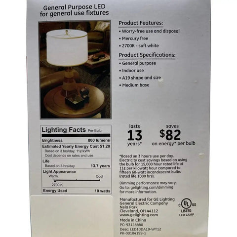 Soft White LED Light Bulbs 60W Replacement, Dimmable, 800 Lumens, Only 10W, Mercury Free, packaging with lamp image