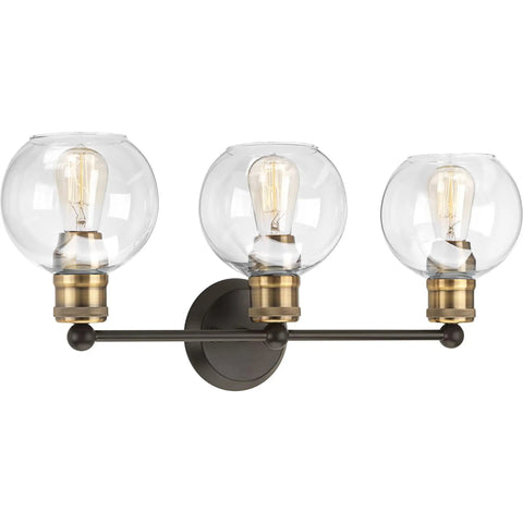 Coastal 3 Light Bath Vanity Light With Clear Glass Globes In Antique Bronze Finish, front view, modern rustic style