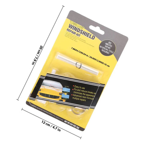 Windshield Crack Repair Kit For Chips And Scratches, Quick Fix Car Glass Repair Tool, packaging showing tools dimensions, portable