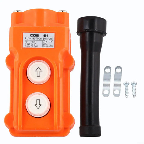 2 Way Push Button Switch Rainproof Hoist Pendant Controller for Outdoor Cranes, Rugged Weatherproof Industrial Switch With Rubber Sleeve, AC 500V 2A Capacity, Beefy Heavy Duty, Easy Setup, Orange Red Device.