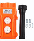 2 Way Push Button Switch Rainproof Hoist Pendant Controller for Outdoor Cranes, Rugged Weatherproof Industrial Switch With Rubber Sleeve, AC 500V 2A Capacity, Beefy Heavy Duty, Easy Setup, Orange Red Device, front view with mounting parts