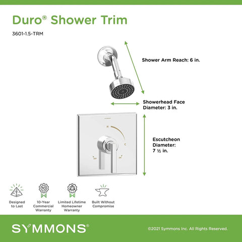 Polished Chrome Shower Trim Kit With Single Handle And One Spray Shower Head, 1.5 GPM Flow, Includes Shower Arm, Shower Head, Escutcheon, And Handle Valve Not Included, WaterSense Certified, Sleek Wall Mounted Upgrade; illustration with dimensions.