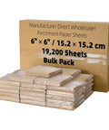 Heavy Duty 6X6 Inch Pre Cut Parchment Paper Squares 19200 Ct Bulk Case stacked in packaging for easy use in commercial kitchens.