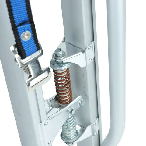 Close-up of mechanism and buckles on Beefed-Up Adjustable 24 To 40 Inch Aluminum Drywall Stilts For Painting And Taping, Lightweight Silver Stilts.