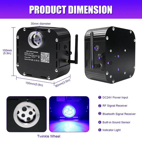 50W Dope Twinkle Fiber Optic Light Source With RGBW LED, dimensions and features detailed for car and home star ceiling effect.