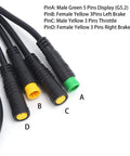 1T4 Electric Bike Wiring Cable For Mid Drive Motors Connects Display Thumb Throttle And Two Brake Levers 8 Pin Male Connector IP65 Waterproof Compatible With Bafang BBS01 BBS02 BBSHD For Seamless Electric Conversion No Fuss Setup with labeled connectors on white background