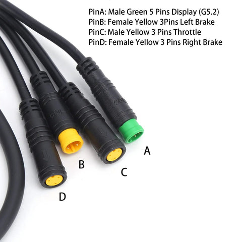 1T4 Electric Bike Wiring Cable For Mid Drive Motors Connects Display Thumb Throttle And Two Brake Levers 8 Pin Male Connector IP65 Waterproof Compatible With Bafang BBS01 BBS02 BBSHD For Seamless Electric Conversion No Fuss Setup with labeled connectors on white background