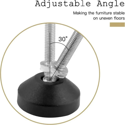 Adjustable Furniture Leveling Feet 12 Pack Universal Swivel Screw Glides For Tables Desks Chairs showing adjustable angle for stability.