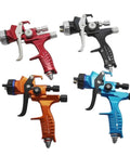 Professional 1.3mm Airbrush Spray Gun Kit With Adjustable Air Regulator And Inline Moisture Filter Shoots clean fine mist detailing guns in red, black, orange, and blue.