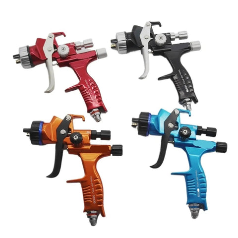 Professional 1.3mm Airbrush Spray Gun Kit With Adjustable Air Regulator And Inline Moisture Filter Shoots clean fine mist detailing guns in red, black, orange, and blue.