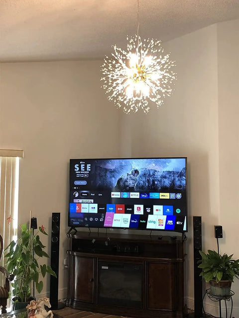 Lit Gold Crystal 9 Light Dandelion Firework Pendant Chandelier With G9 Base Modern Hanging Light Fixture in living room