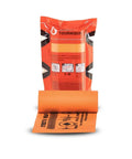 Orange Tourniquet For Emergency First Aid And Tactical Use With Stretch Wrap And Tuck Design For Massive Hemorrhage Control In Prehospital Care Made In The USA, packaged and unrolled front view.