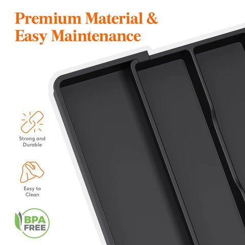 Close-up of black Expandable Kitchen Utensil Organizer for Drawers, showing durable BPA-free material and adjustable compartments.