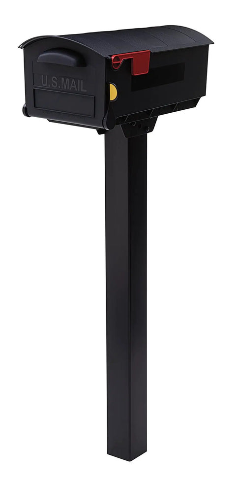 Patriot Large Capacity Rust Proof Plastic Post Mount Mailbox in Black With Wide Opening, fully assembled, mail flag up