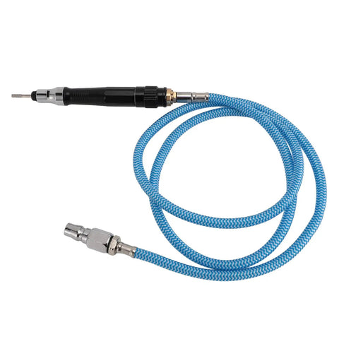 Heavy Duty Pneumatic Pencil Die Grinder Cranking Out A Badass 70000 Rpm Output with blue air hose and quick connect fitting.