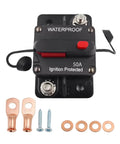 Built Tough 50A Circuit Breaker With Manual Reset Inline Power Switch Hella Rugged Zinc Alloy Fuse Holder showing connections and accessories.