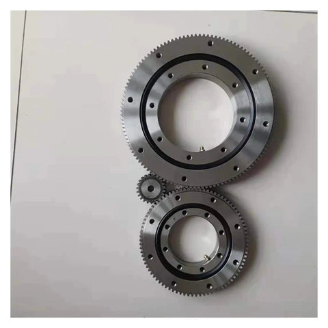 Heavy Duty External Gear Rotary Bearing For Hanging Turntables built tough, showcasing two sizes, polished steel finish, low friction design.