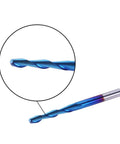 SainSmart Genmitsu flat-nose end mill with nano blue coating, 1/8 in shank, 2-flute spiral upcut.