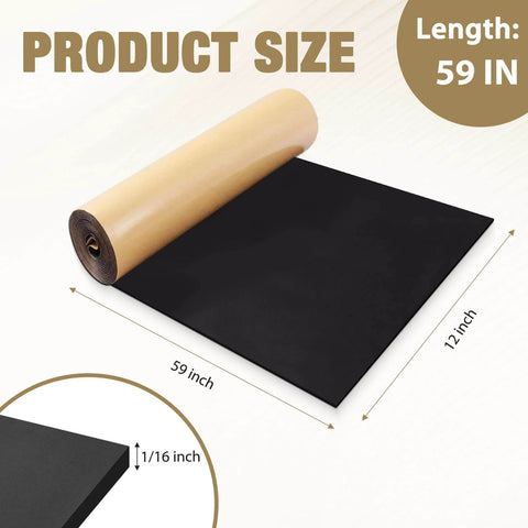 Neoprene Foam Padding Sheets With Adhesive Backing 12 Inch Wide 59 Inch Long Black, 1 Sixteenth Inch Thick, rolled out with dimensions shown