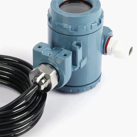 Pro Grade Submersible Level And Pressure Transmitter With LED Display And 0 To 5V Analog Output For Real Time Water Level Monitoring Industrial Pressure Sensor And Display Controller, showing cylindrical blue body and black cable