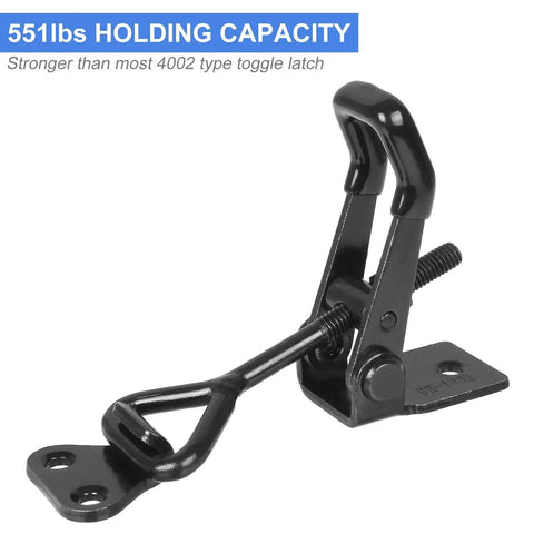Built Like A Tank Heavy Duty Toggle Latch Clips That Lock Tight, 551 Pound Holding Capacity, Adjustable Black Galvanized Steel Lever Fasteners For Barn Gates, Grills, And Storage Sheds, 6 Pack, close-up of black toggle latch with 551lb capacity.