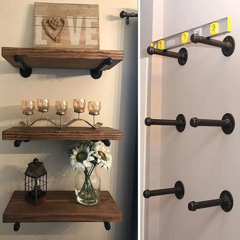 Industrial Iron Pipe Shelf Brackets 8 Inch Floating Shelves Tough As Nails Heavy Duty Metal Brackets For Wood Shelves Supports Up To 120 Lbs Black 6 Pack Easy DIY Industrial Look For Living Room Kitchen, mounted with decor and installation view.