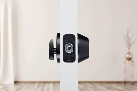 Side view of Transitional Single Cylinder Deadbolt Lock With 1 Inch Bolt Anti Saw Pin And Anti Pry Shield ANSI Grade 2 Security Tuscan Bronze Finish Easy Install For Standard Doors 1 3 8 To 1 3 4 Inch Thick 4 Way Adjustable Latch on door